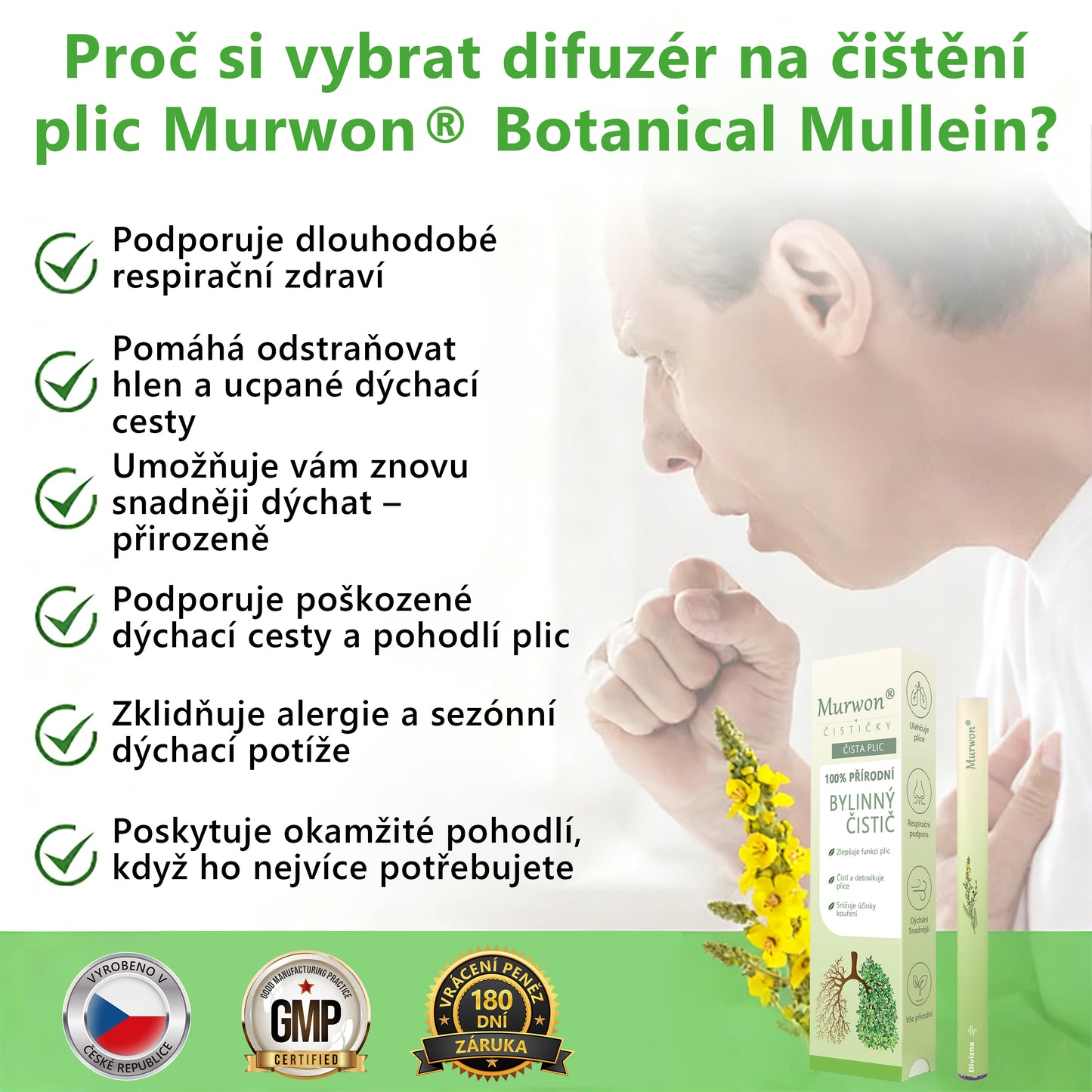🇨🇿 České vlastnictví a správa ✅ Murwon® bylinný difuzér pro čištění plic s diviznou (Mullein)  🫁 (kašel, faryngitida, dušnost, hlen, ucpaný nos, bronchitida, alergické příznaky, nepohodlí v plicích) 🌷